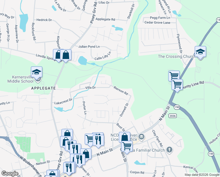map of restaurants, bars, coffee shops, grocery stores, and more near 314 Windsor Manor Way in Kernersville