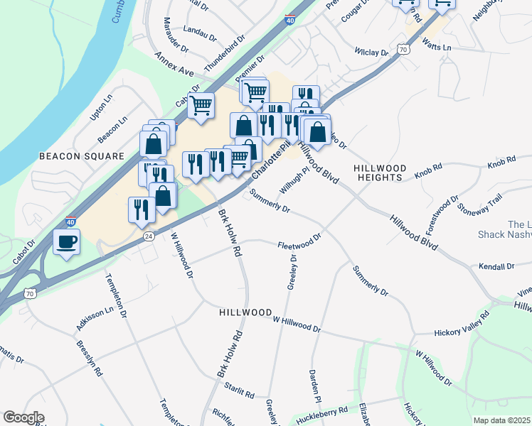 map of restaurants, bars, coffee shops, grocery stores, and more near 6722 Fleetwood Drive in Nashville