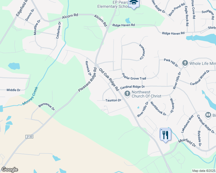 map of restaurants, bars, coffee shops, grocery stores, and more near 7106 Thornaby Drive in Greensboro