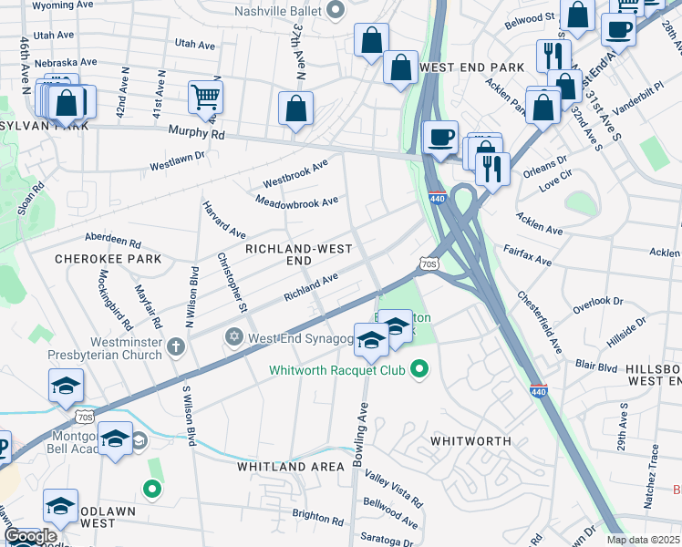 map of restaurants, bars, coffee shops, grocery stores, and more near 3641 Richland Avenue in Nashville