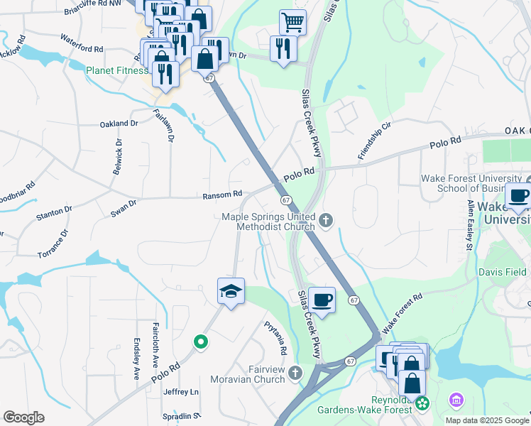 map of restaurants, bars, coffee shops, grocery stores, and more near 2554 Owen Drive in Winston-Salem