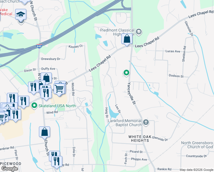 map of restaurants, bars, coffee shops, grocery stores, and more near 6023 White Chapel Way in Greensboro