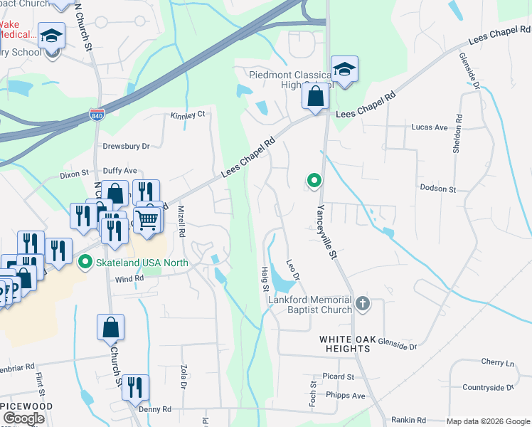 map of restaurants, bars, coffee shops, grocery stores, and more near 6023 White Chapel Way in Greensboro