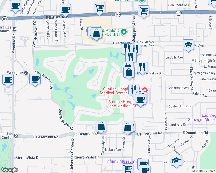 map of restaurants, bars, coffee shops, grocery stores, and more near 3012 Bel Air Drive in Las Vegas
