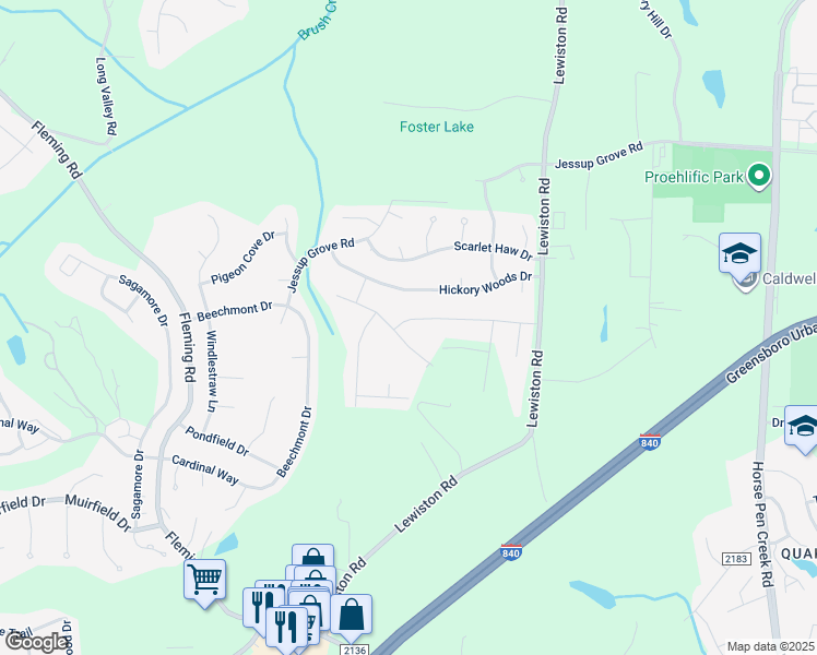 map of restaurants, bars, coffee shops, grocery stores, and more near 3402 Crimson Wood Drive in Greensboro