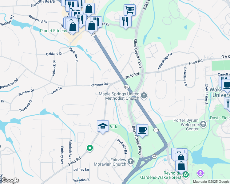 map of restaurants, bars, coffee shops, grocery stores, and more near 1718 Polo Road in Winston-Salem