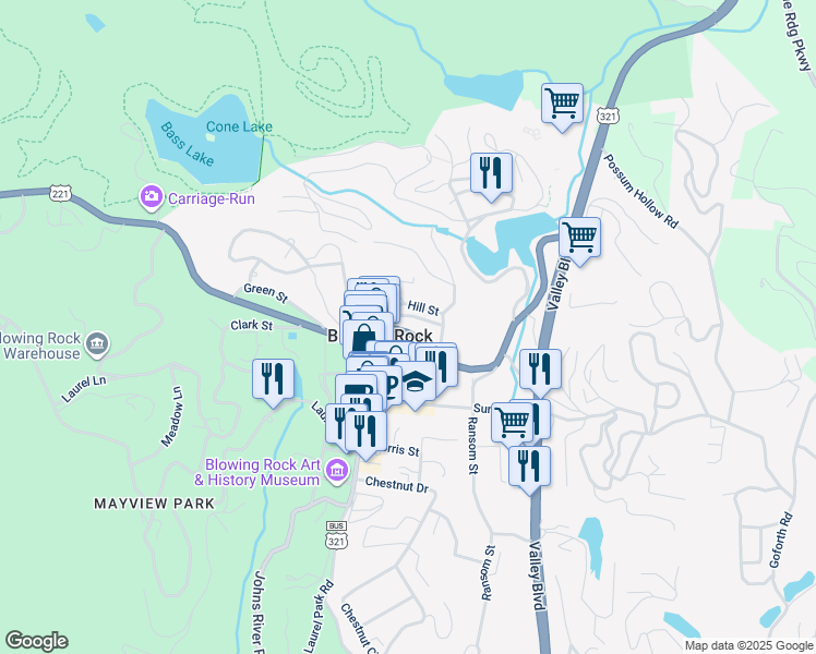 map of restaurants, bars, coffee shops, grocery stores, and more near 830 Main Street in Blowing Rock