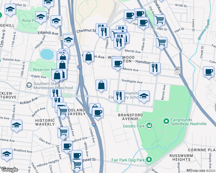map of restaurants, bars, coffee shops, grocery stores, and more near 1803 Stewart Place in Nashville
