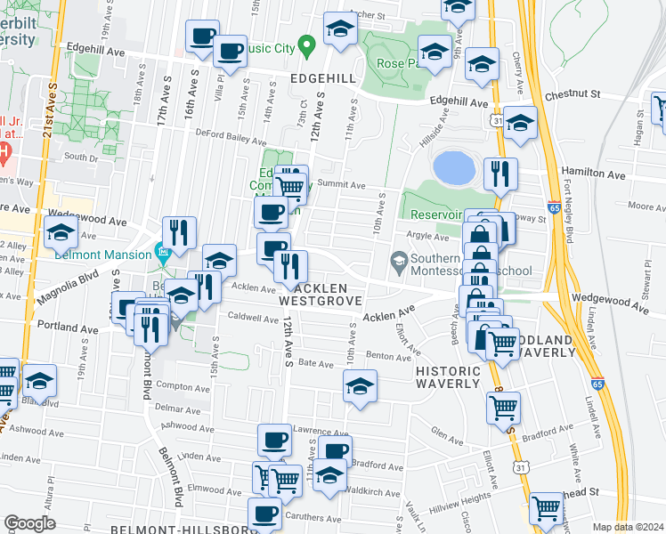 map of restaurants, bars, coffee shops, grocery stores, and more near 1100A West Grove Avenue in Nashville