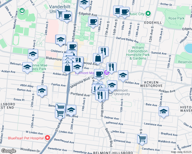 map of restaurants, bars, coffee shops, grocery stores, and more near 1907 Belmont Boulevard in Nashville