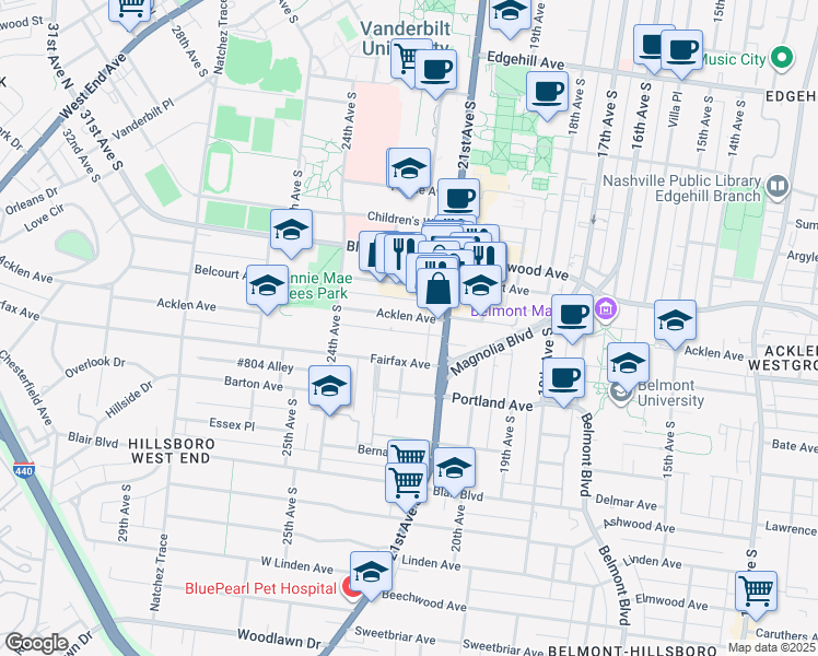 map of restaurants, bars, coffee shops, grocery stores, and more near 2106 Fairfax Avenue in Nashville