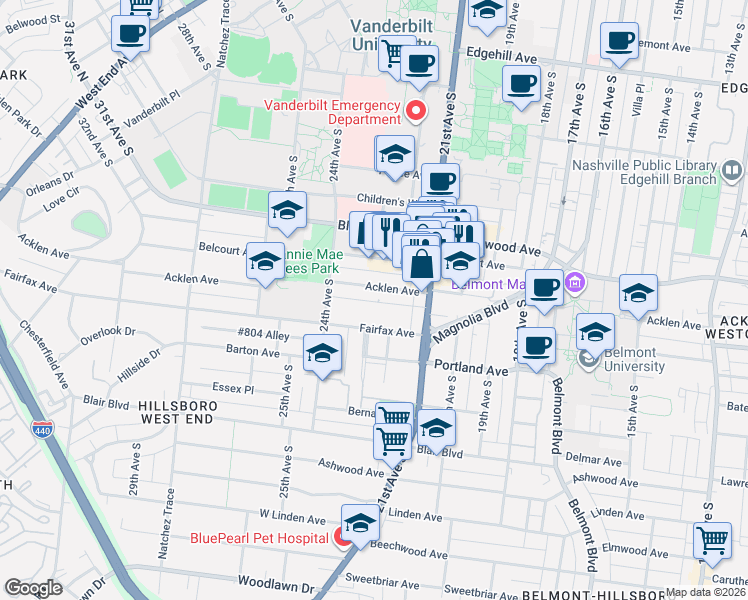 map of restaurants, bars, coffee shops, grocery stores, and more near 2115 Fairfax Avenue in Nashville