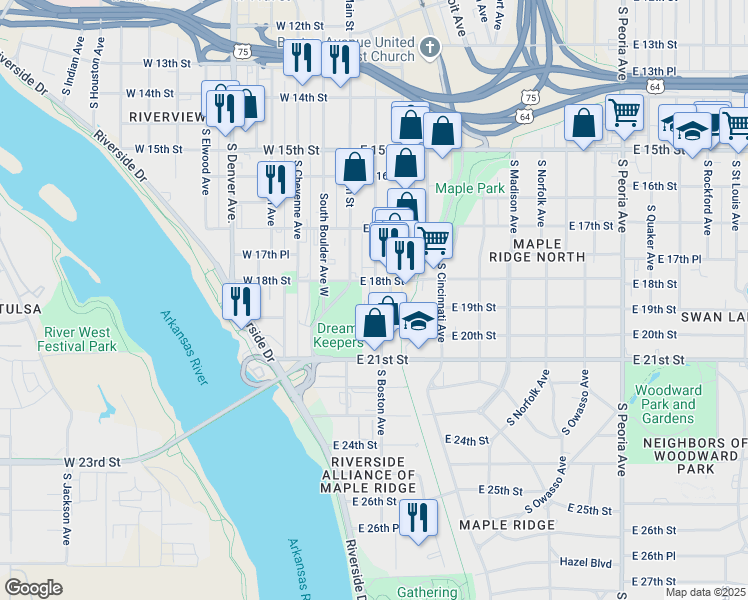 map of restaurants, bars, coffee shops, grocery stores, and more near 1890 South Baltimore Avenue in Tulsa
