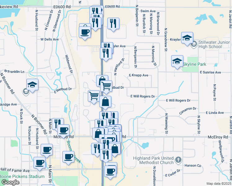 map of restaurants, bars, coffee shops, grocery stores, and more near 1309 North Perkins Road in Stillwater