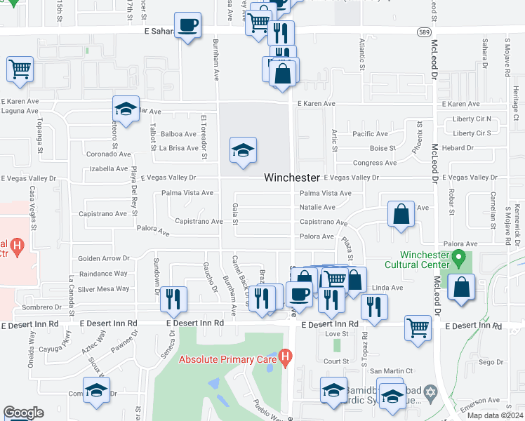 map of restaurants, bars, coffee shops, grocery stores, and more near 2283 Natalie Avenue in Las Vegas