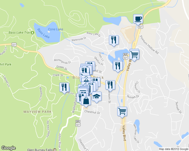 map of restaurants, bars, coffee shops, grocery stores, and more near 830 Main Street in Blowing Rock
