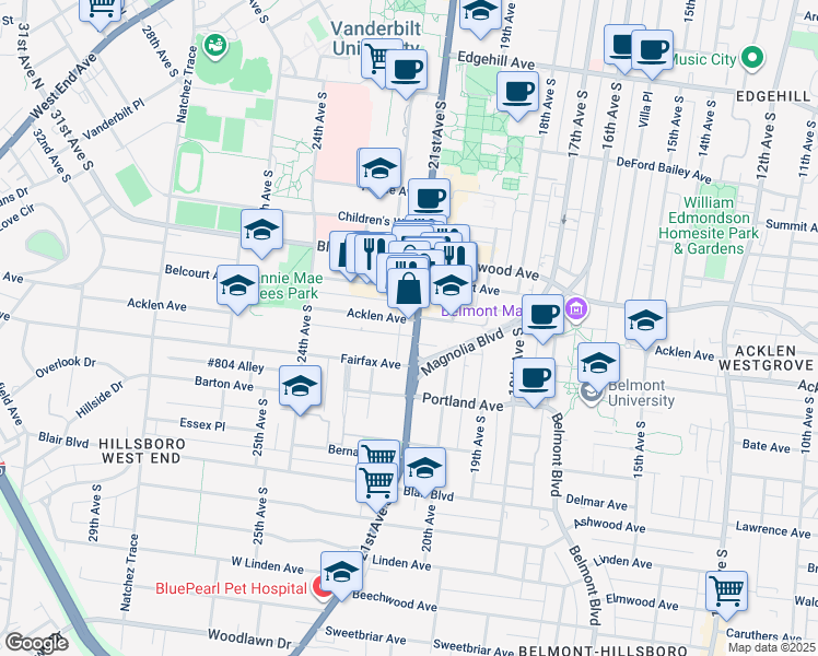 map of restaurants, bars, coffee shops, grocery stores, and more near 2106 Fairfax Avenue in Nashville