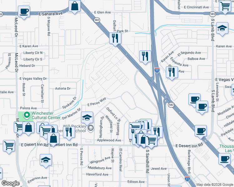 map of restaurants, bars, coffee shops, grocery stores, and more near 629 East Pecos Way in Las Vegas