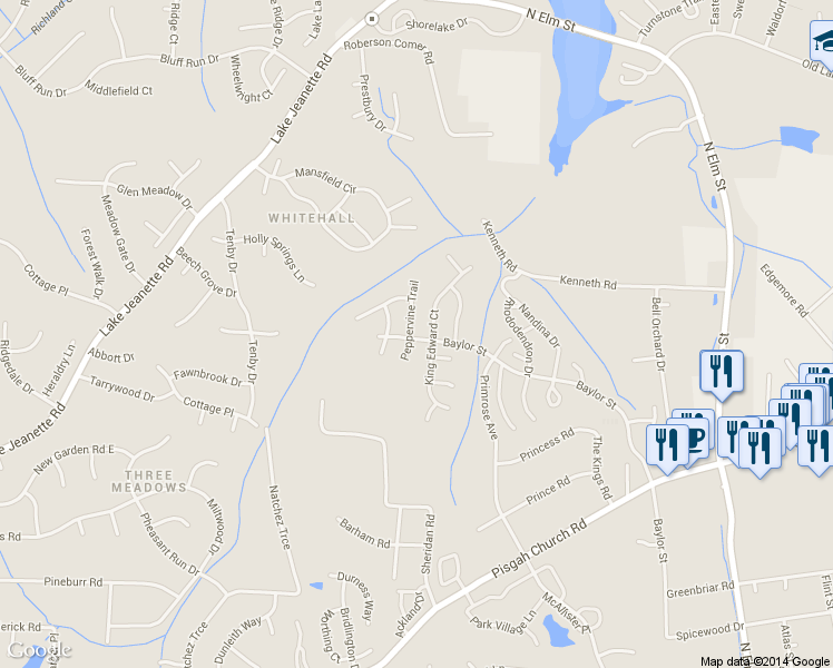 map of restaurants, bars, coffee shops, grocery stores, and more near 4200 Peppervine Trail in Greensboro