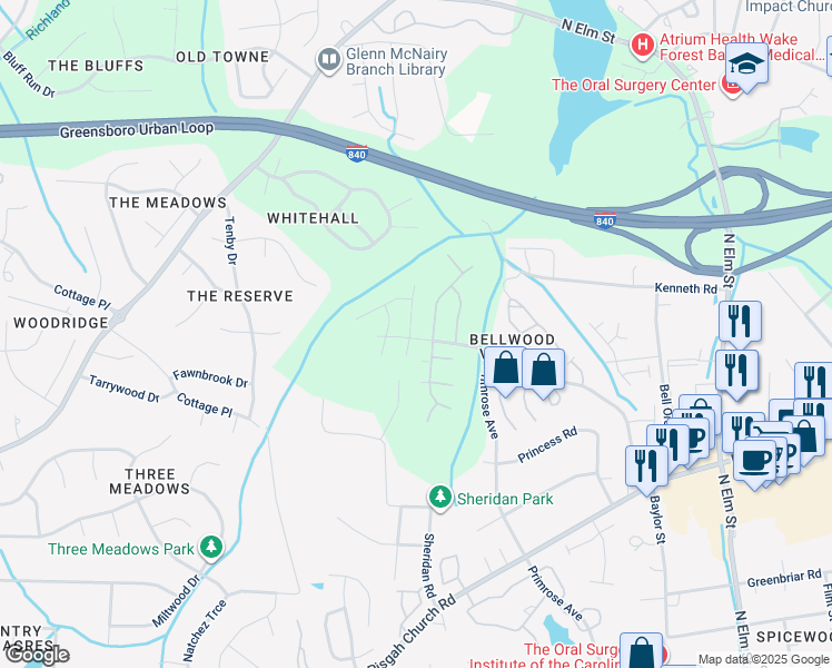 map of restaurants, bars, coffee shops, grocery stores, and more near 4200 Peppervine Trail in Greensboro