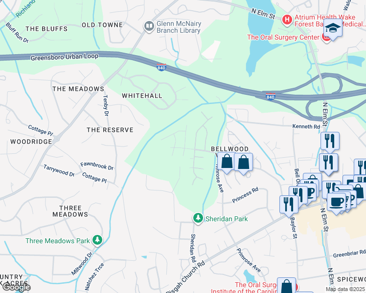 map of restaurants, bars, coffee shops, grocery stores, and more near 4201 Peppervine Trail in Greensboro