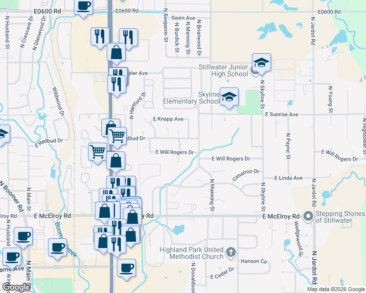 map of restaurants, bars, coffee shops, grocery stores, and more near 1101 East Will Rogers Drive in Stillwater