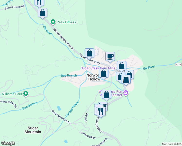 map of restaurants, bars, coffee shops, grocery stores, and more near Norwood Hollow Road in Avery County