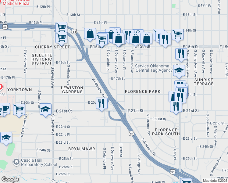 map of restaurants, bars, coffee shops, grocery stores, and more near 1903 South Delaware Avenue in Tulsa