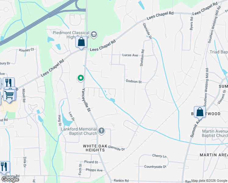 map of restaurants, bars, coffee shops, grocery stores, and more near 120 Summerland Drive in Greensboro