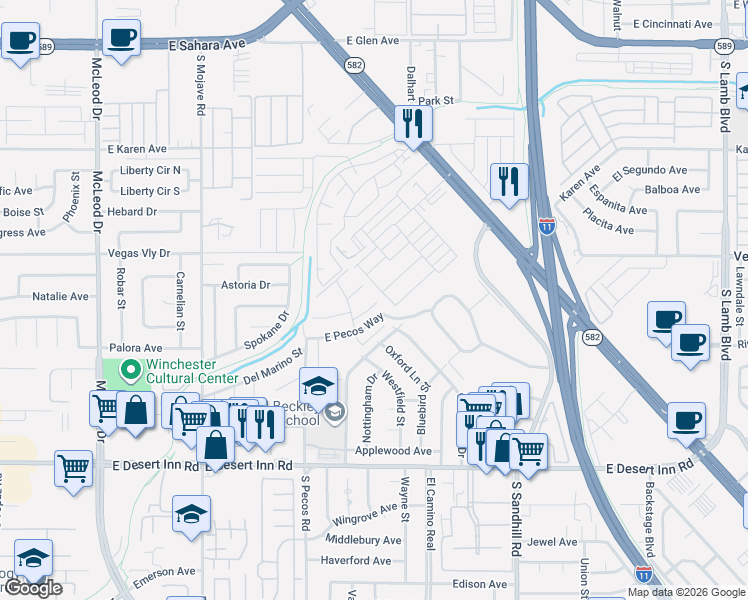 map of restaurants, bars, coffee shops, grocery stores, and more near 418 East Pecos Way in Las Vegas