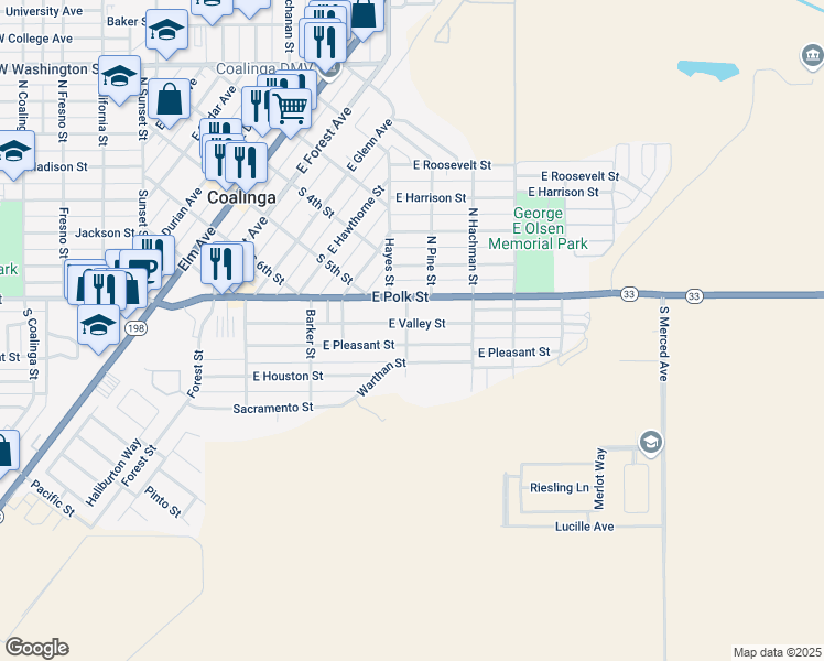 map of restaurants, bars, coffee shops, grocery stores, and more near 498 East Pleasant Street in Coalinga