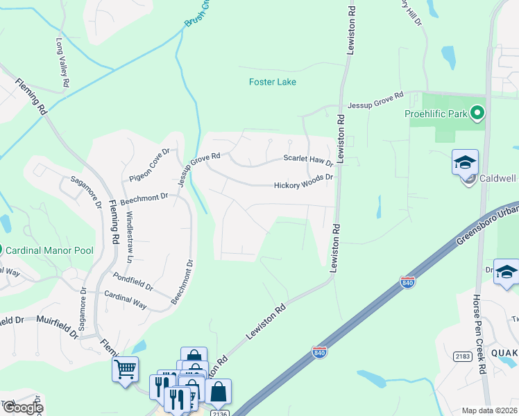 map of restaurants, bars, coffee shops, grocery stores, and more near 4794 Corinthian Way in Greensboro