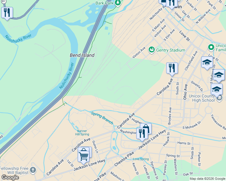 map of restaurants, bars, coffee shops, grocery stores, and more near 155 Horton Ridge Road in Erwin