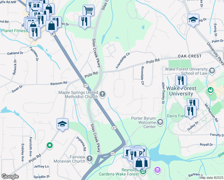 map of restaurants, bars, coffee shops, grocery stores, and more near 175 Crepe Myrtle Circle in Winston-Salem