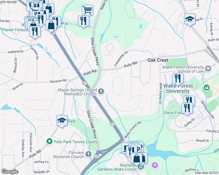 map of restaurants, bars, coffee shops, grocery stores, and more near 175 Crepe Myrtle Circle in Winston-Salem