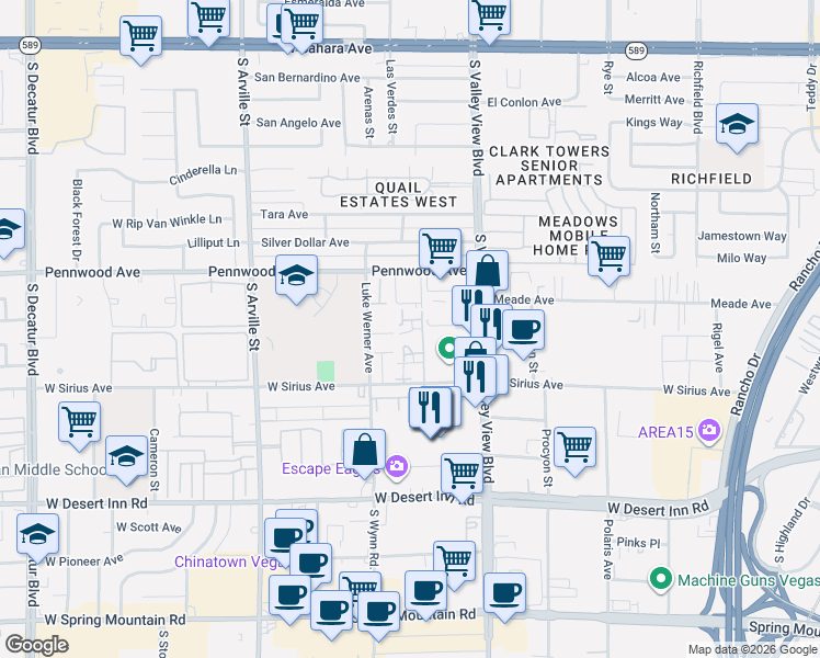 map of restaurants, bars, coffee shops, grocery stores, and more near 4002 Castleford Place in Las Vegas