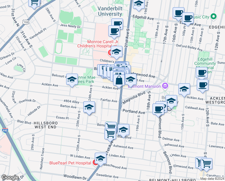map of restaurants, bars, coffee shops, grocery stores, and more near 2106 Fairfax Avenue in Nashville