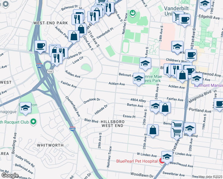 map of restaurants, bars, coffee shops, grocery stores, and more near 517 Fairfax Avenue in Nashville