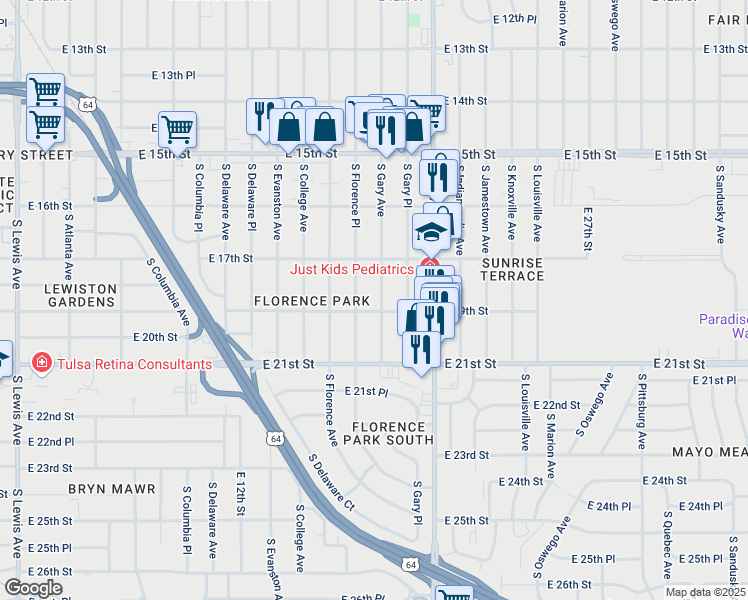 map of restaurants, bars, coffee shops, grocery stores, and more near 1904 South Gary Avenue in Tulsa