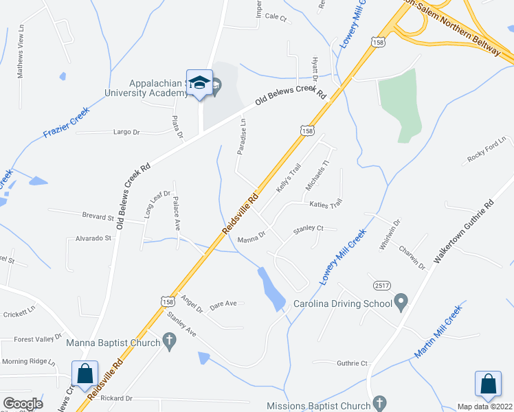 map of restaurants, bars, coffee shops, grocery stores, and more near 4602 Kelly's Trail in Winston-Salem