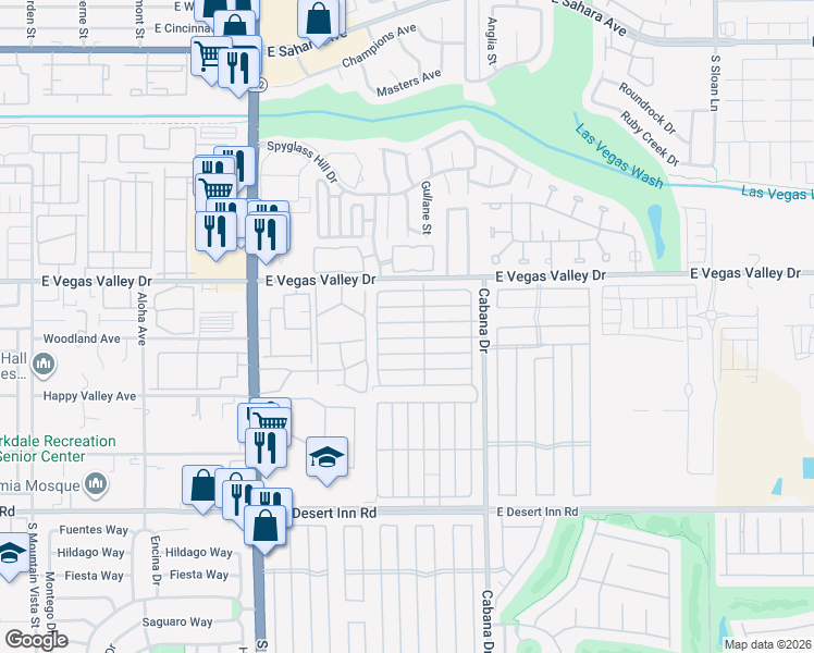map of restaurants, bars, coffee shops, grocery stores, and more near 3001 Cabana Drive in Las Vegas