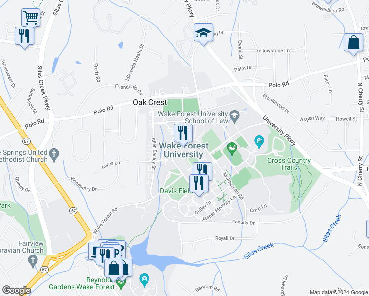 map of restaurants, bars, coffee shops, grocery stores, and more near 1834 Wake Forest Road in Winston-Salem