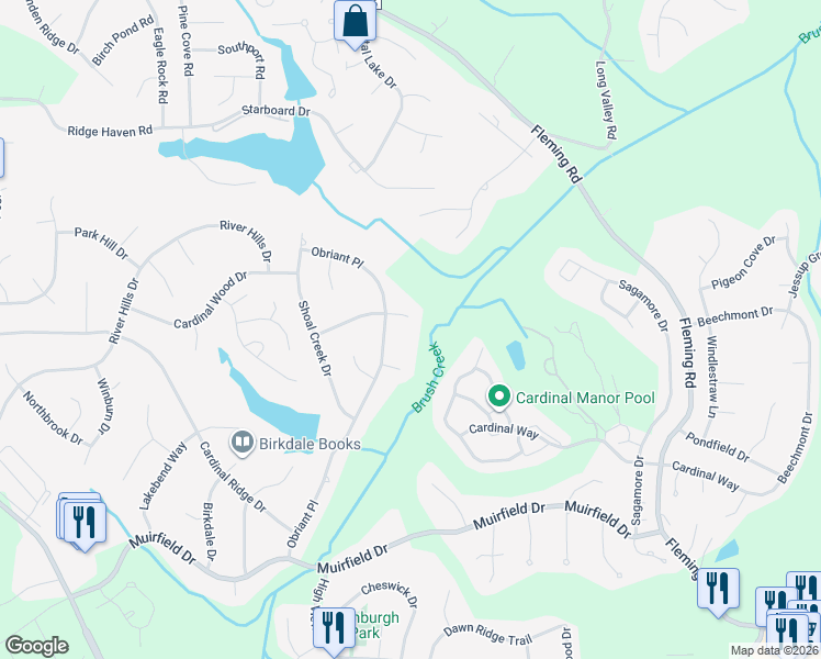 map of restaurants, bars, coffee shops, grocery stores, and more near 6103 Brook Shadow Court in Greensboro