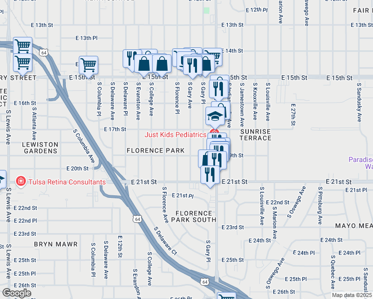 map of restaurants, bars, coffee shops, grocery stores, and more near 1904 South Gary Avenue in Tulsa