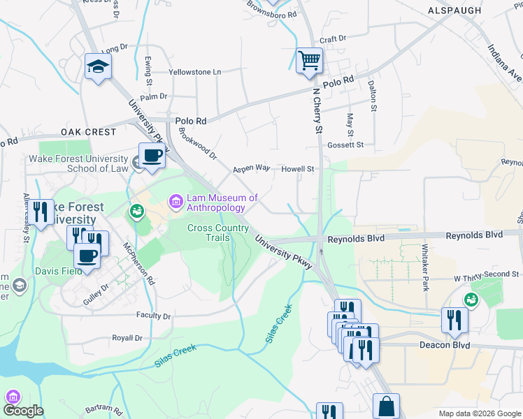 map of restaurants, bars, coffee shops, grocery stores, and more near 3261 Bethabara Road in Winston-Salem