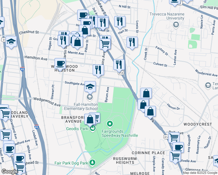 map of restaurants, bars, coffee shops, grocery stores, and more near 2126 Byrum Avenue in Nashville