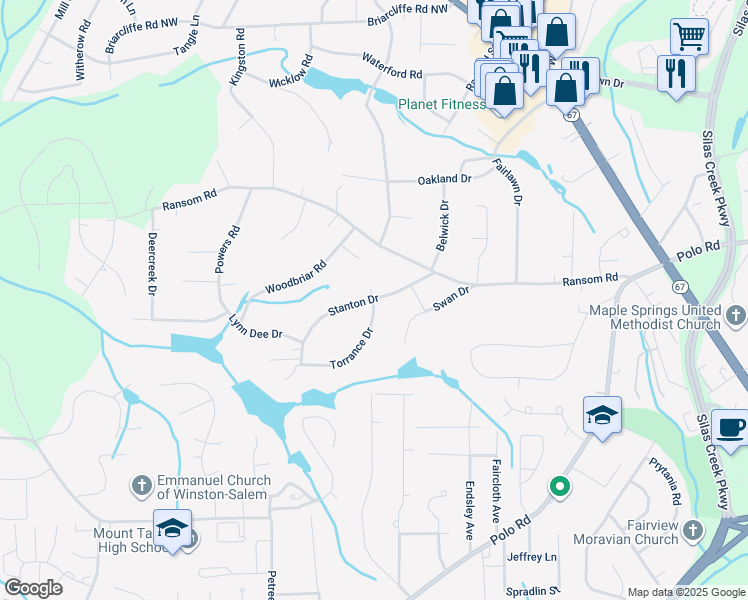 map of restaurants, bars, coffee shops, grocery stores, and more near 171 Torrance Drive in Winston-Salem