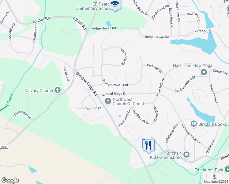 map of restaurants, bars, coffee shops, grocery stores, and more near 3608 Cardinal Ridge Drive in Greensboro