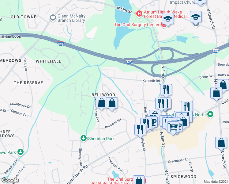 map of restaurants, bars, coffee shops, grocery stores, and more near 44 Nandina Drive in Greensboro