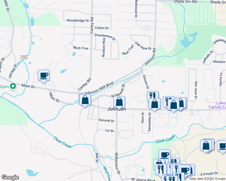 map of restaurants, bars, coffee shops, grocery stores, and more near 5511 Roxanne Place in Springdale